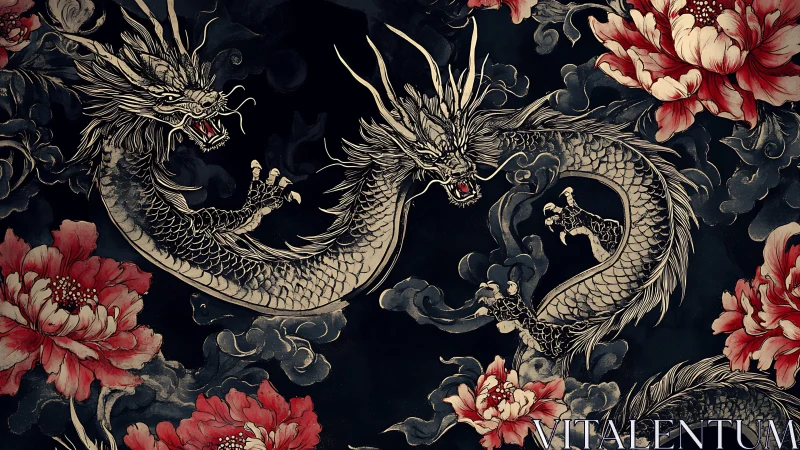 Coiled oriental dragons with red peonies on dark ground.