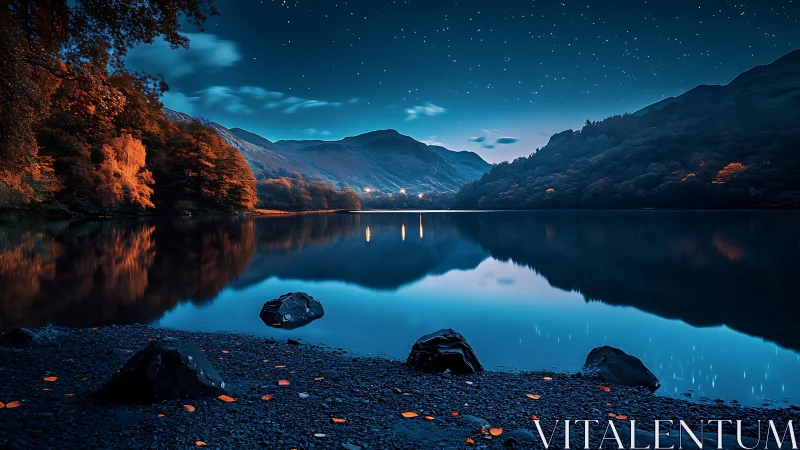 Calm mountain lake at night with reflective still water.