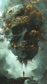 Mysterious forest skull drifts above a lone curious wanderer