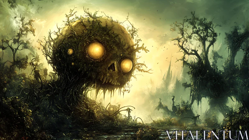 Vine skull colossus haunts radiant toxic swamp dawn.