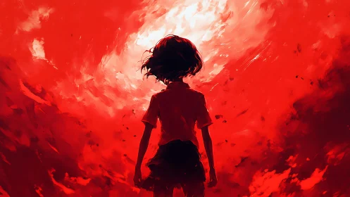 Silhouette of lone figure facing bright red vortex.