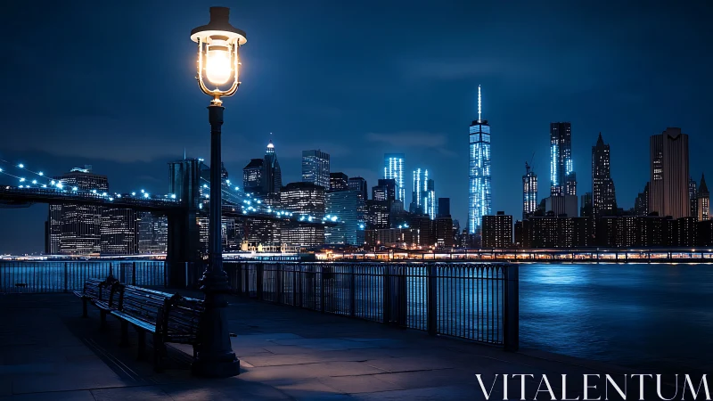 Lone riverside lamppost quietly crowns a neon city dream