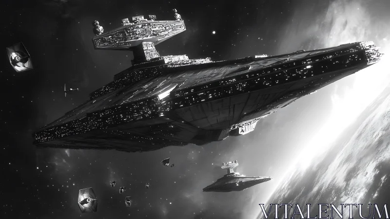Massive star destroyers glide above planet in monochrome space