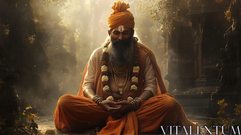 Orange robed guru meditating in forest temple ruins scene