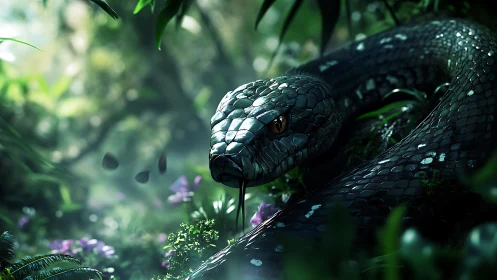 Emerald forest serpent resting in dappled jungle light.