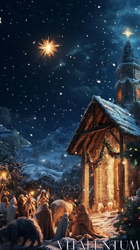 Digital painting nativity under starry nocturne sky, vertical format.