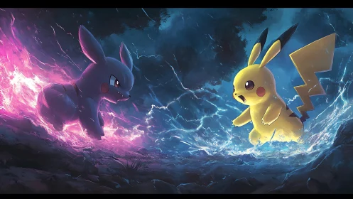 Electric rivals face off in a stormy, glowing forest duel.