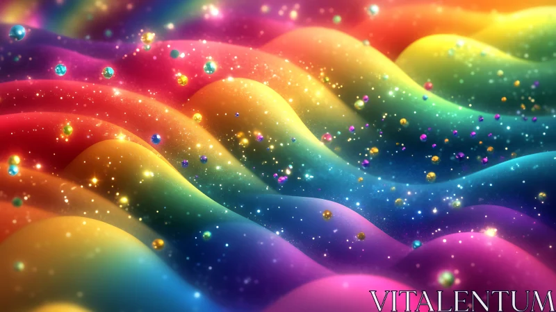 Layered rainbow waves with floating particles and light.