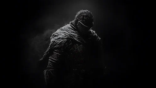 Armored warrior emerges from chiaroscuro void in digital rendering