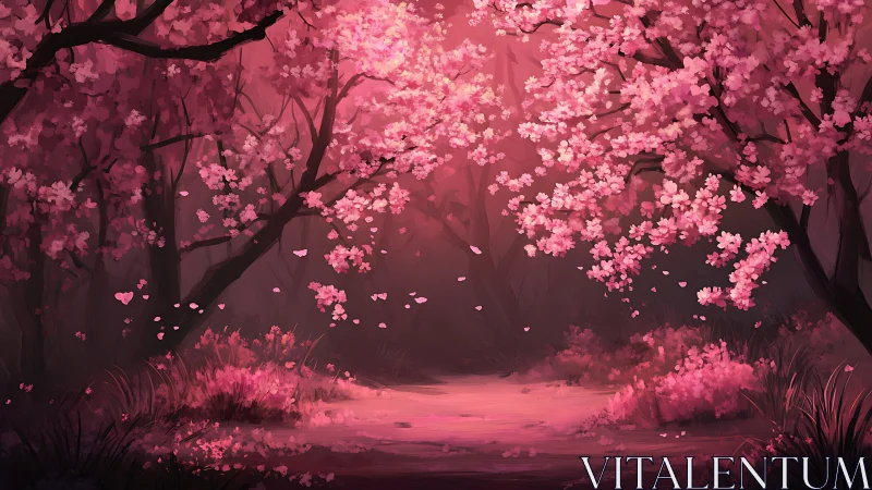 Soft pink cherry grove glows with gentle dreamlike light
