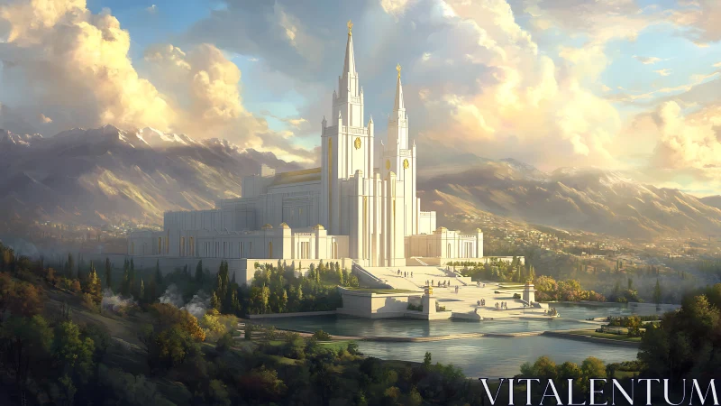 Majestic white mountainside temple glows in soft golden light.