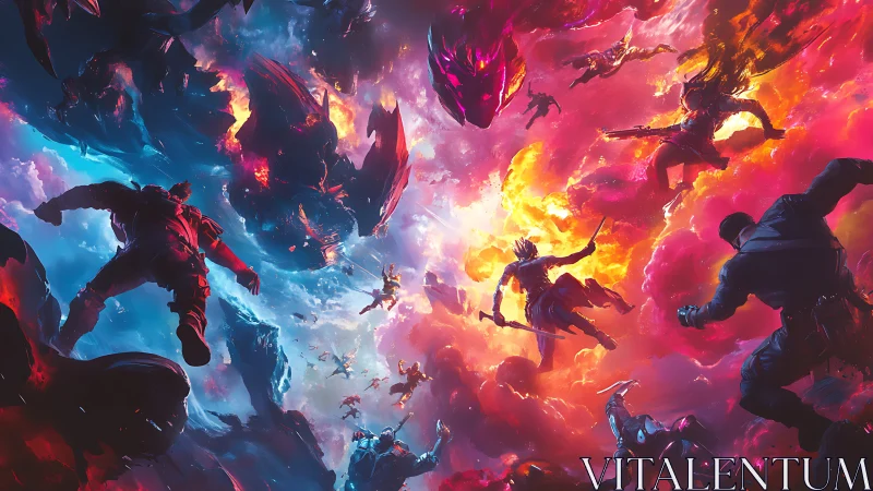 Interstellar warriors collide amid neon storm-split cosmos.