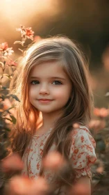 Young Girl in Flower Garden at Golden Hour.