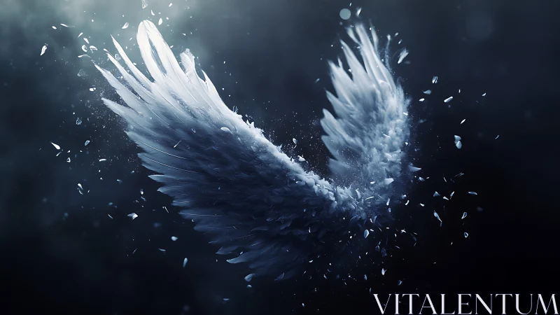 Symmetrical feathered wings extend outward amid scattered debris