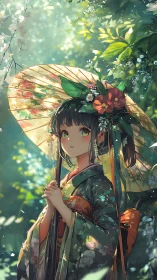 Forest parasol daydream, kimono girl in floating petals.