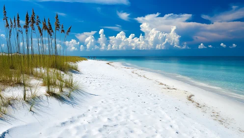 Sunlit white sand coastline invites a calm seaside wander