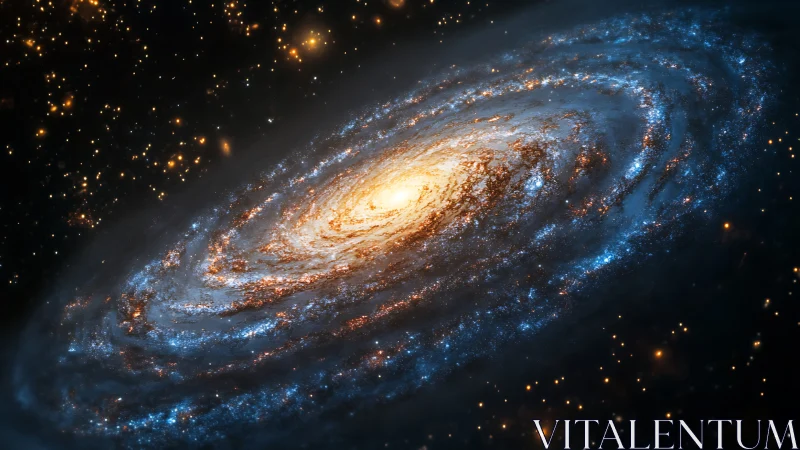 Spiraling starlit galaxy glows warmly in the quiet dark sky