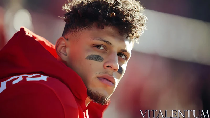 Focused football player in red hoodie under stadium sunlight.