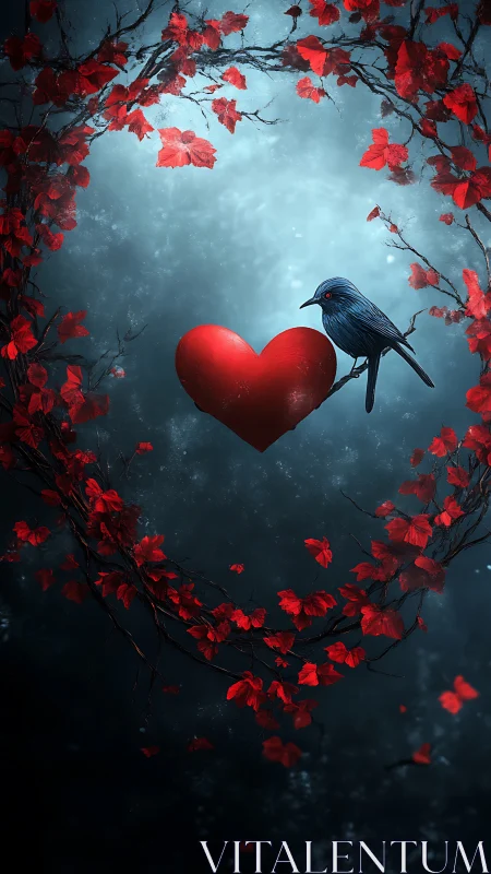 A black bird perches beside a glowing red heart surrounded by autumn leaves