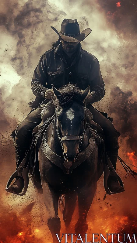 Lone cowboy rides through fire and smoke in a dramatic charge