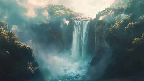 Mist-crowned thunderfall pouring into a hidden emerald abyss.