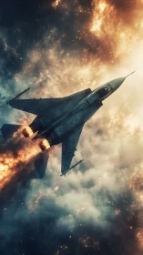 Military jet fighter ascending through explosive clouds and fire.