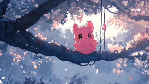 Pink forest creature sits on branch under glowing blossoms