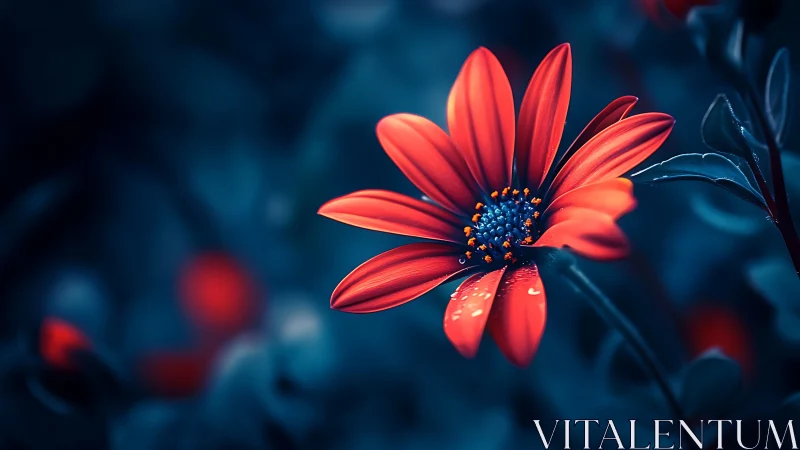 Vibrant Red Daisy Blossom Against Deep Blue Bokeh Background.