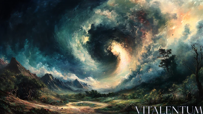 Storm vortex swirls above luminous valley landscape