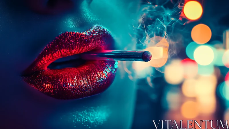 Close-up of glossy red lips with metal tube and smoke.