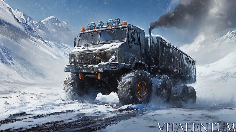 Heavy multi-axle arctic expedition truck in blizzard terrain