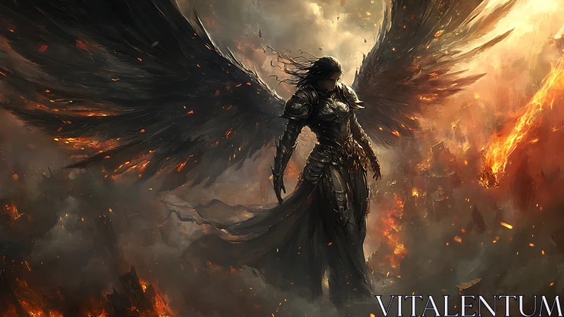 Dark armored angel over burning apocalyptic battlefield.