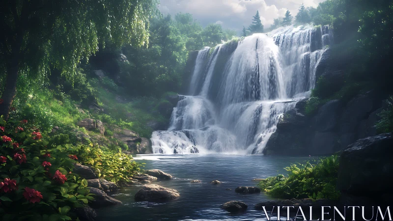 Tiered waterfall cascades through dense foliage into reflective pool