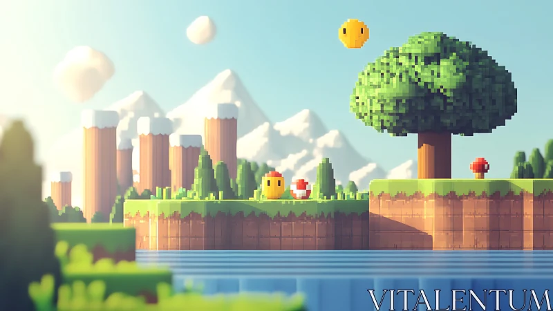 Voxel lake plateau with floating coins and stylized tree.