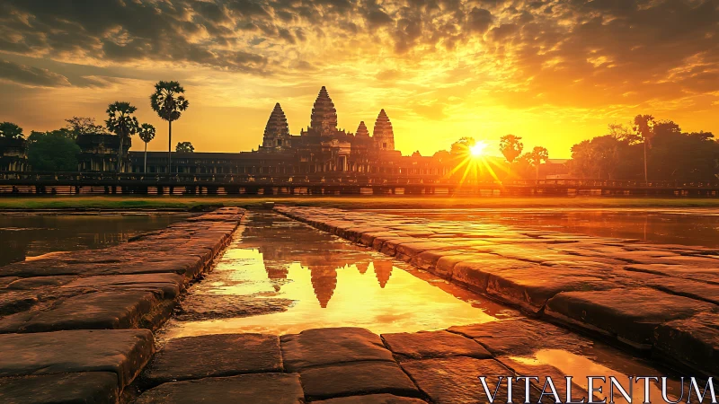 Sunrise illuminates historic temple across reflective causeway