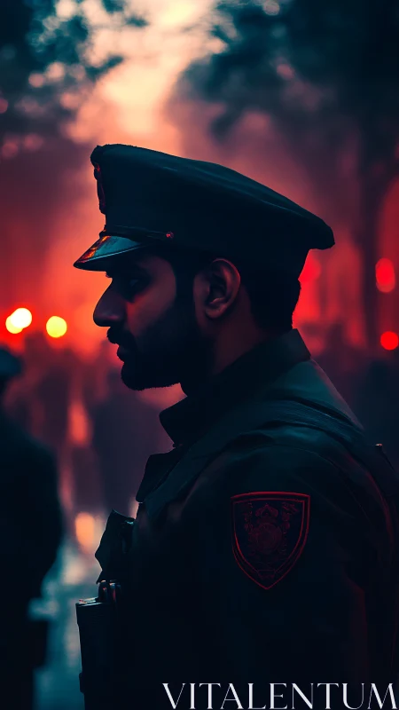 Side-lit officer silhouette in red atmospheric street haze.
