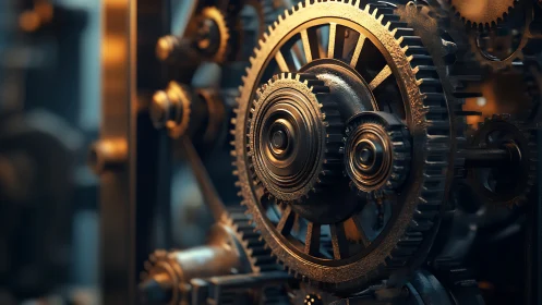 Industrial gear mechanism under warm cinematic lighting.