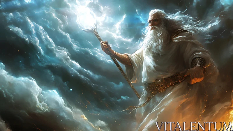 Robe-clad elder with staff stands amid clouds and luminous sky