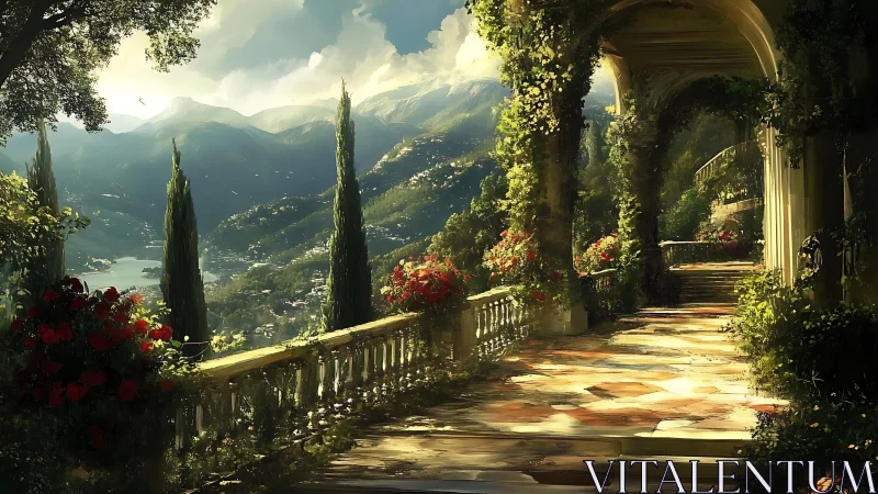 Sunlit terrace drifts above a lake of storybook mountains