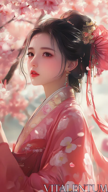 Graceful maiden gazes softly amid glowing cherry blossoms