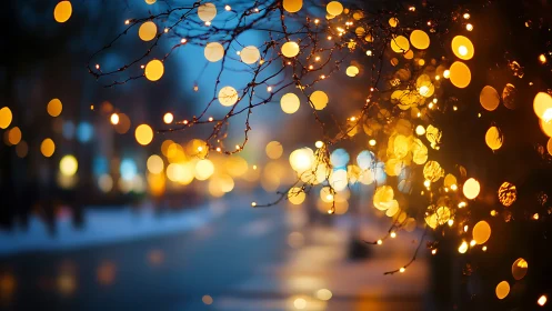 Street lights form golden bokeh on branches at dusk