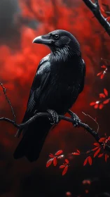 Midnight raven perched in a crimson storm of leaves.