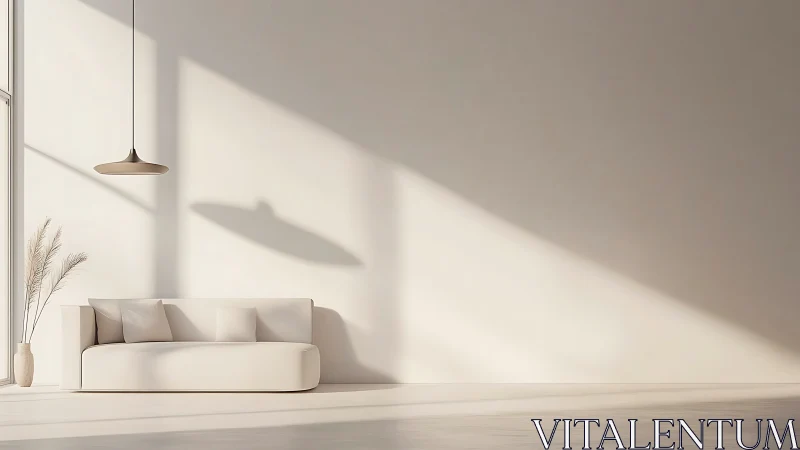 Minimalist sofa and pendant light in sunlit neutral room.