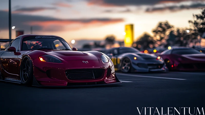 Red tuned sports car dominates sunset parking scene