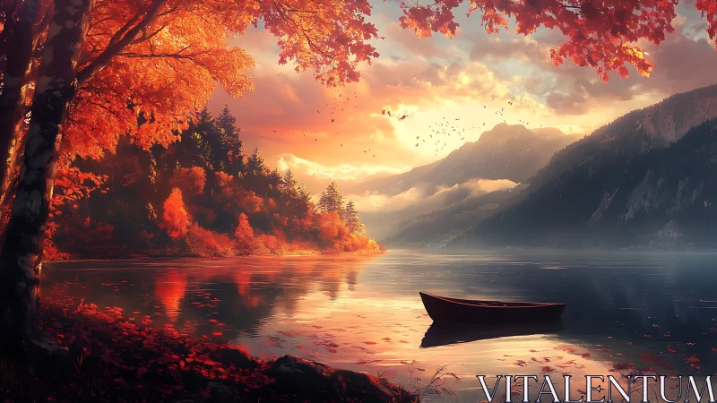 Autumn lake at sunrise with solitary boat and glowing mountains.