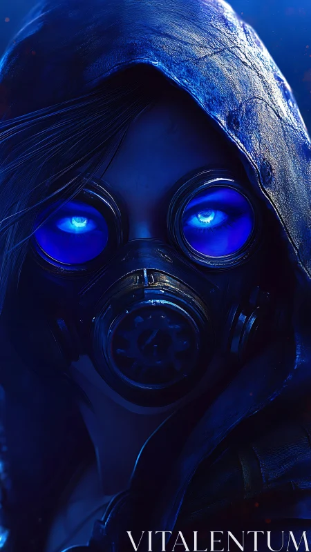 Hooded wanderer with neon mask and glowing blue gaze.