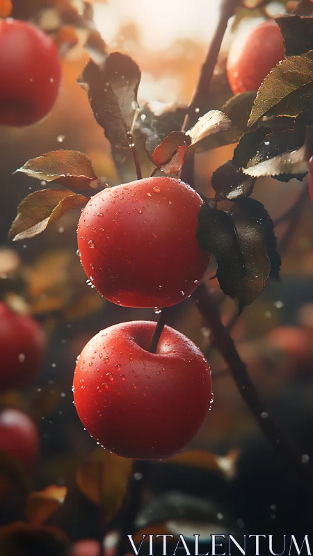 Red apples with water droplets on branch in soft light.