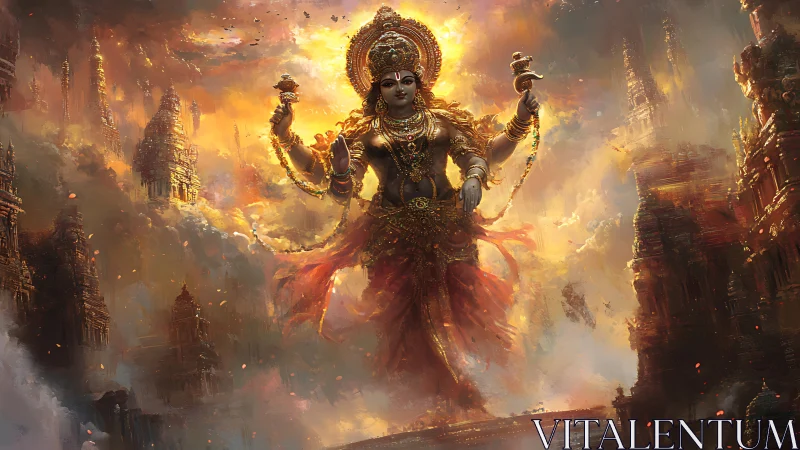 Colossal multi-armed goddess over burning temple megastructures
