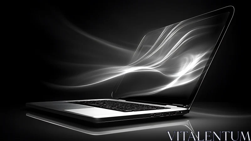 Open laptop with abstract light trails on screen in dark.
