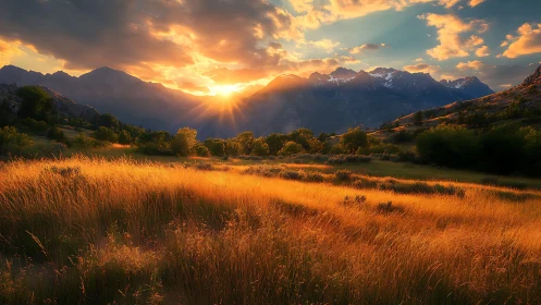 Golden mountain meadow glows under a dramatic sunset sky